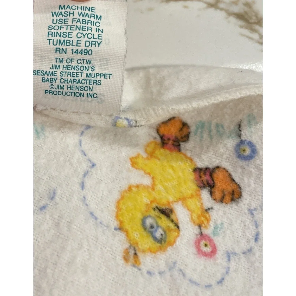 Vtg Sesame Street Baby Blanket Flannel Receiving White Big Bird Cookie Monster